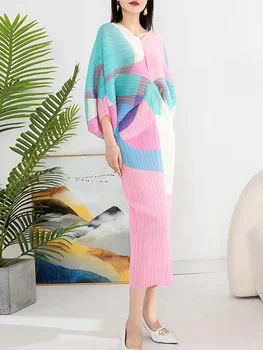 V Yaka Moda Pilili Kadın Elbise Batwing Kollu Eklenmiş Kontrast Renk Elbiseler Kadın Giyim 2023 Yeni