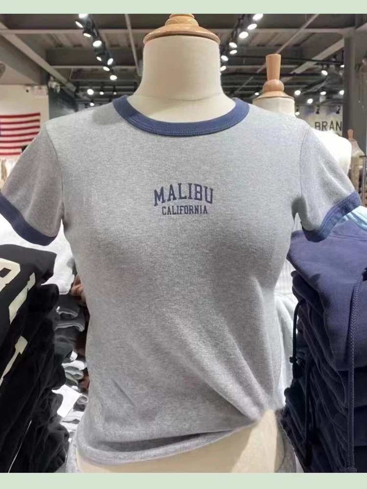 Vintage Mektup Baskı İnce T-shirt Kadın Gri Patchwork Kısa Kollu Çok Pamuklu T Shirt 2022 Yaz Harajuku Sevimli Y2k Tops Femme - 1