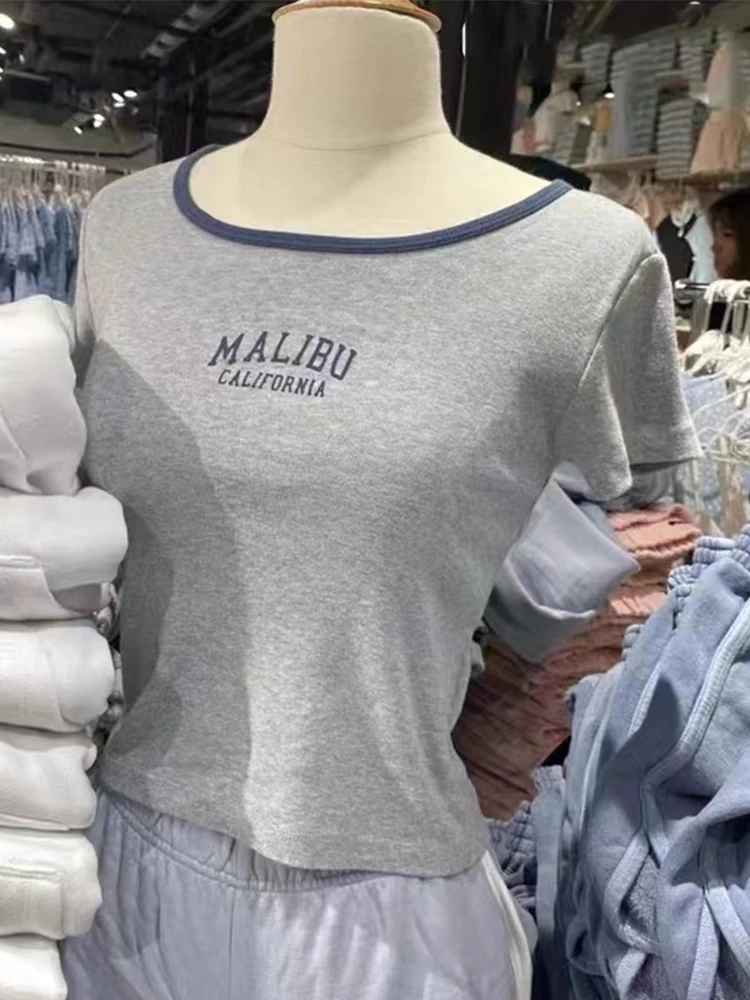 Vintage Mektup Baskı İnce T-shirt Kadın Gri Patchwork Kısa Kollu Çok Pamuklu T Shirt 2022 Yaz Harajuku Sevimli Y2k Tops Femme - 2