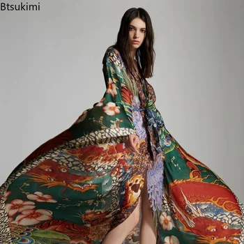 Vintage Fitshinling Bohemian kadın kimonosu Plaj Gezisi Baskı Boy Yaz Uzun Hırka Beachwear Cover Up Tatil Tunik