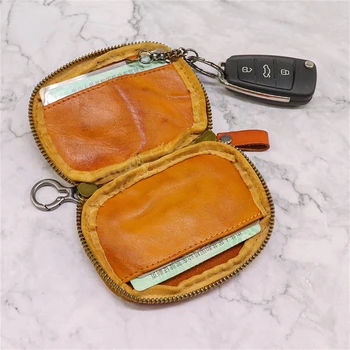 Vintage Hakiki Deri Anahtar cüzdan kimlik kartı tutucu Fermuar Yakın erkek Cep Çanta İç Bölme Kemer Takın Çanta Klasik