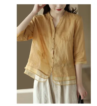 Vintage Rami Hafif Gömlek Kadın Yarım Kollu Tek Göğüslü Eklenmiş Nakış Casual Tops 2023 Yaz