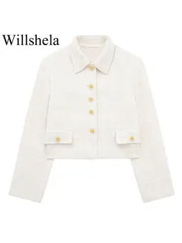 Willshela Kadın Moda Cepler Bej Tek Göğüslü Blazer Vintage Yaka Boyun Uzun Kollu Kadın Şık Bayan Kıyafetleri
