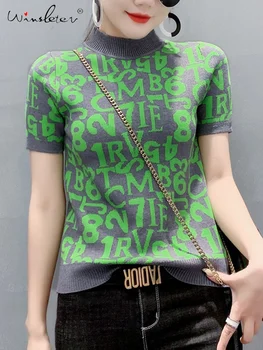 Winsleter Bahar Yaz Avrupa Giyim Örgü T-shirt Mektup Ince Üstleri Kadın Tees Mock Boyun Sıkı Kısa Kollu T32502Z