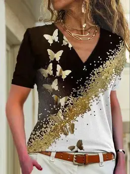 Yaz Yeni Kadın T Shirt 3d Çiçek Baskı V Yaka Kısa Kollu Bluz Moda Artı Boyutu T-shirt Kadın Giyim Y2k dişi t parça