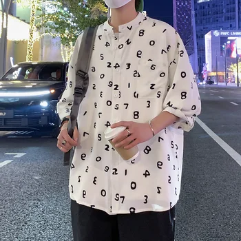 Yeni 2023 Yaz Hong Kong Tarzı Şekil Dijital Baskı Üç Çeyrek Kollu Gömlek Erkekler Streetwear Gevşek Buz İpek Erkek Gömlek Tops