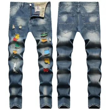 Yeni Moda Trendi Hip Hop Sokak Stili Kırık Delik Kontrast Renk Çok Renkli Küçük Düz Tüp Kot erkek Pantolon