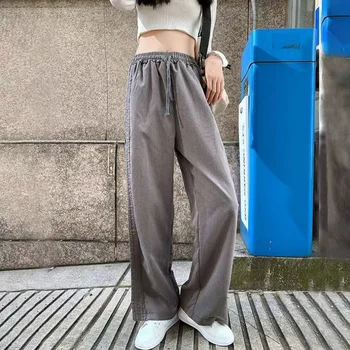 Yeni Moda Yüksek Kaliteli Rahat Geniş Bacak Pantolon Kore Tarzı Yan Şerit Düz Bacak Pantolon Gevşek Görünüm İnce Çok Yönlü Spor