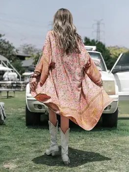 Yeni Rayon Pamuk Batwing Kollu Plaj Bikini Kapak Ups Çiçek Baskı Vintage Bohemian Hippi Elbise Hırka Kimono Uzun Silgi
