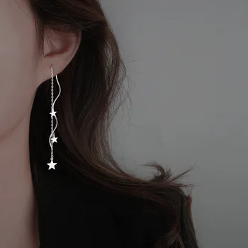 Yeni S925 Gümüş İğne Uzun Püskül Zincir Yıldız Damla Küpe Kadınlar Kızlar İçin Kulak Hattı Asılı Küpe Takı Hediyeler eh243