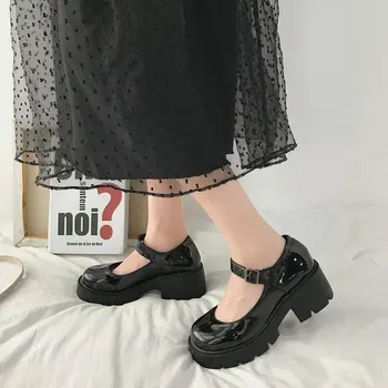 Yeni Siyah Yüksek Topuklu Ayakkabı Kadın Pompaları Moda Patent Deri platform ayakkabılar Kadın Yuvarlak Ayak Mary Jane Ayakkabı Mujer