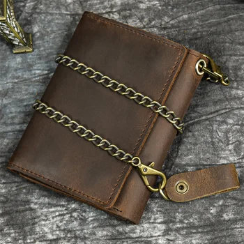 Yeni Tasarımcı cüzdan erkekler lüks erkek hakiki deri cüzdan kart tutucu kısa çanta deri cüzdan demir zinciri ile üç katlı