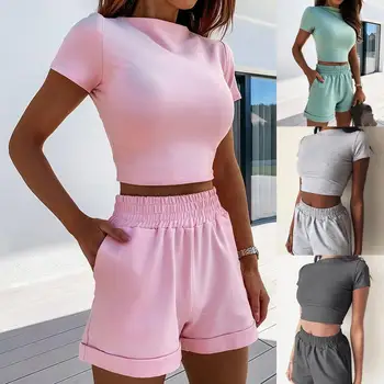 Yeni Yaz Kadın kısa tişörtler Rahat İki Parçalı Giyim Eşofman Cepler Gevşek Üstleri şort takımı Kadın O-Boyun Rahat Setleri