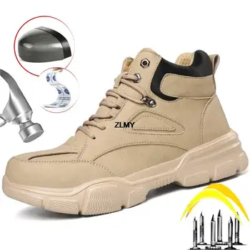 Yüksek Top Güvenlik Ayakkabıları Erkekler Çelik Burunlu İş Güvenliği Botları Yeni Erkek Koruyucu iş ayakkabısı Delinme Geçirmez ışık yarım çizmeler Anti-smash