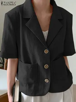 ZANZEA Rahat Ofis Bayan Blazer Mont Kore Moda Cepler Basit Hafif Blazer Kadın Kısa Kollu Zarif Takım Elbise Ceketleri