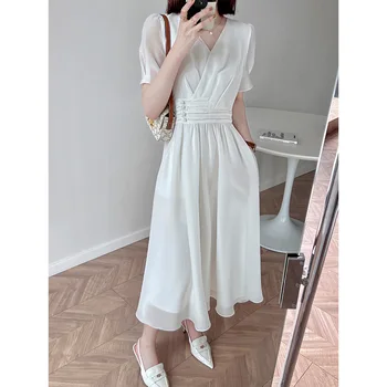 Zarif Beyaz kadın V Yaka Elbise 2023 Yaz uzun elbiseler Kadın Moda İnce Bel Bayanlar Vestido Cep ile