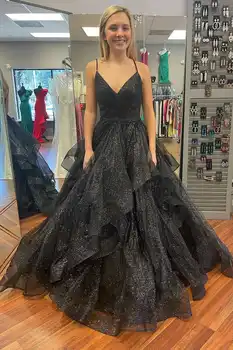 Zarif Uzun Tül V Yaka Abiye Spagetti Sapanlar A-Line Glitter Dantelli Abendkleider Elbiseler de Soirée Kadınlar için