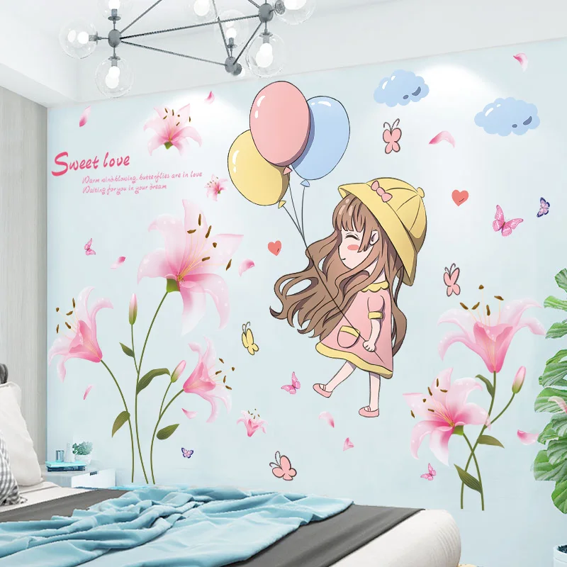 [shijuekongjian] Karikatür Kız Duvar çıkartmaları DIY Çiçekler Bitkiler Duvar Çıkartmaları Çocuk Odaları için Bebek Odası Kreş Ev Dekorasyon - 0
