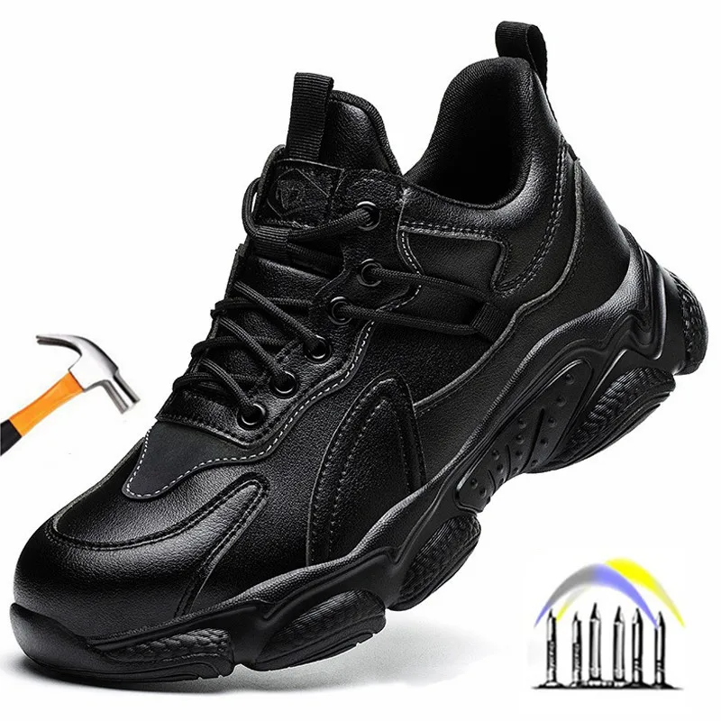 siyah su geçirmez iş ayakkabısı çelik burunlu anti delinme koruyucu ayakkabı deri güvenlik ayakkabıları anti kayma iş sneakers erkekler için - 0