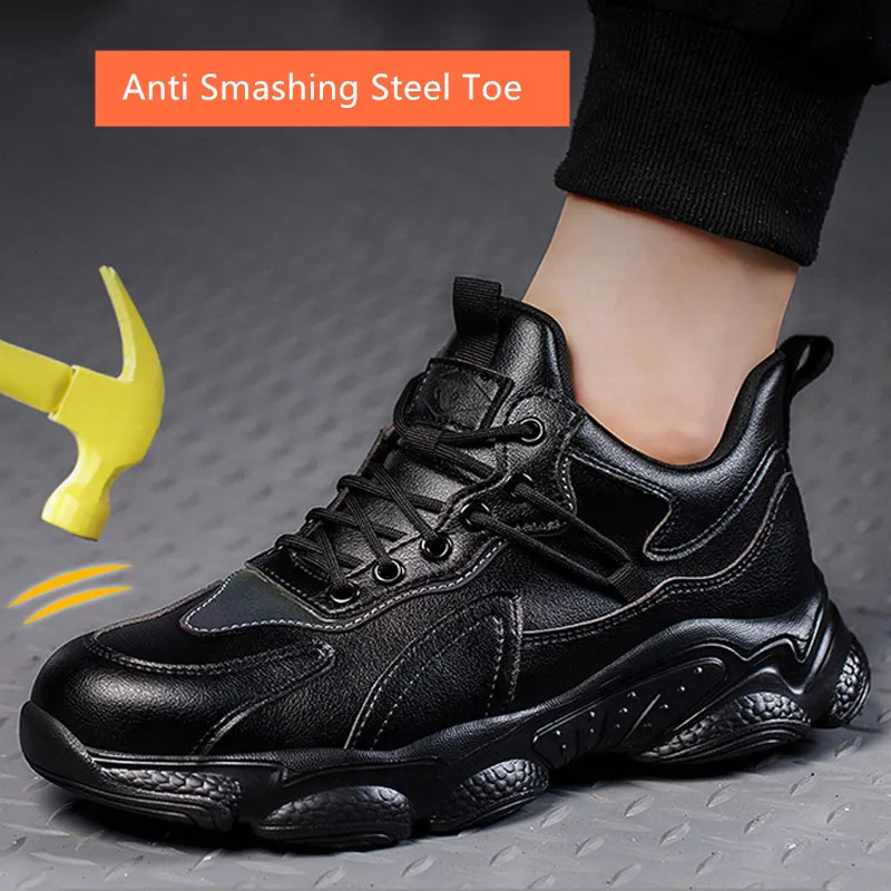 siyah su geçirmez iş ayakkabısı çelik burunlu anti delinme koruyucu ayakkabı deri güvenlik ayakkabıları anti kayma iş sneakers erkekler için - 1