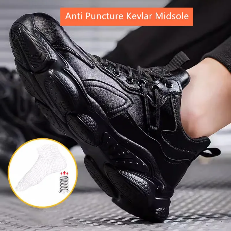 siyah su geçirmez iş ayakkabısı çelik burunlu anti delinme koruyucu ayakkabı deri güvenlik ayakkabıları anti kayma iş sneakers erkekler için - 2