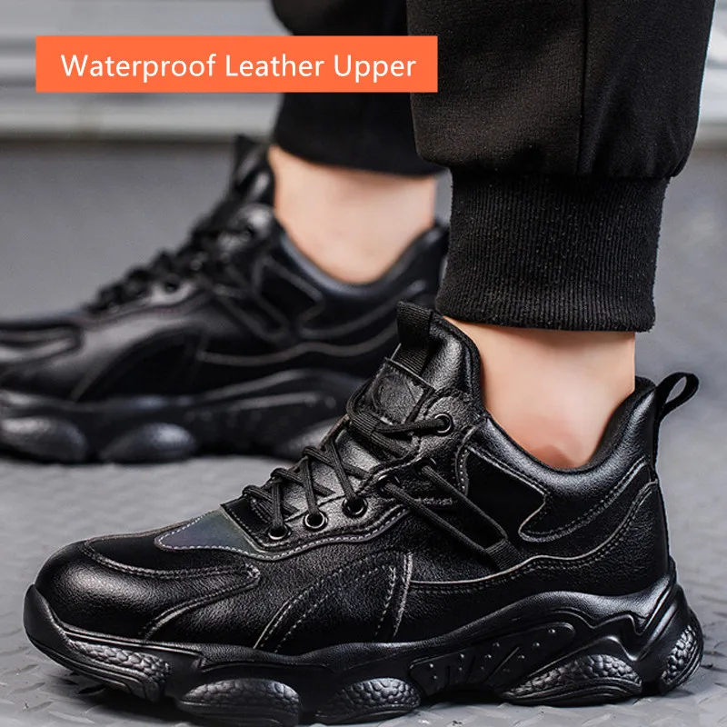 siyah su geçirmez iş ayakkabısı çelik burunlu anti delinme koruyucu ayakkabı deri güvenlik ayakkabıları anti kayma iş sneakers erkekler için - 3