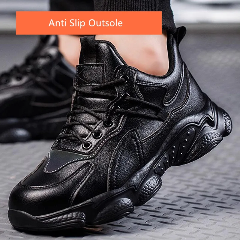 siyah su geçirmez iş ayakkabısı çelik burunlu anti delinme koruyucu ayakkabı deri güvenlik ayakkabıları anti kayma iş sneakers erkekler için - 4
