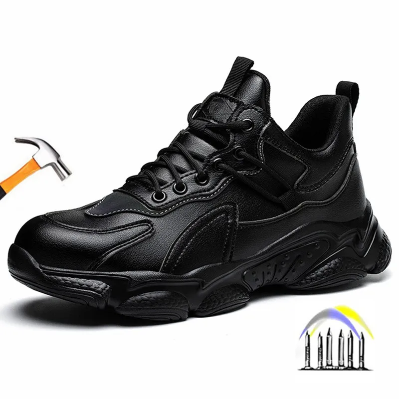 siyah su geçirmez iş ayakkabısı çelik burunlu anti delinme koruyucu ayakkabı deri güvenlik ayakkabıları anti kayma iş sneakers erkekler için - 5