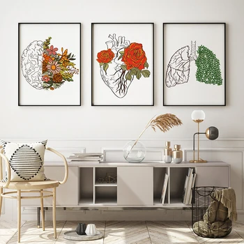 Çiçek Anatomisi Baskı Beyin Akciğerler Kalp Duvar Sanatı Minimalist Anatomi Hattı Posteri Soyut Organ Tuval Resim Doktor Öğrenci Hediye