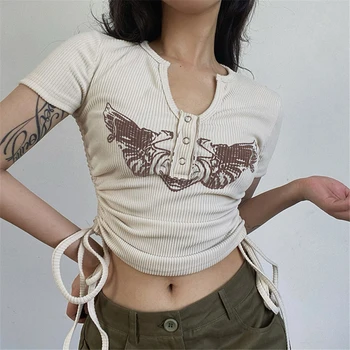 Örgü T-shirt Kadın Yaz Kısa Tshirt Streetwear Moda Şerit Tasarım V Yaka Tees Moda Yaz Tees Tops Kız